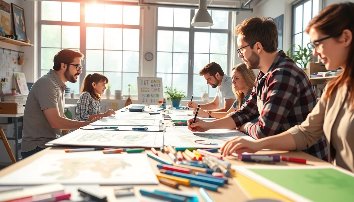Die kreative Zusammenarbeit im Animation Studio Berlin zeigt Künstler, die an Storyboards arbeiten.