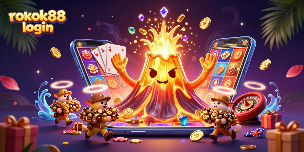 Experience excitement with rokok88 login in a vibrant casino scene showcasing treasures and games.