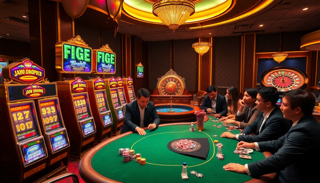 Slot Gacor themed slot machines and poker tables radiating luxury and excitement in a vibrant casino environment