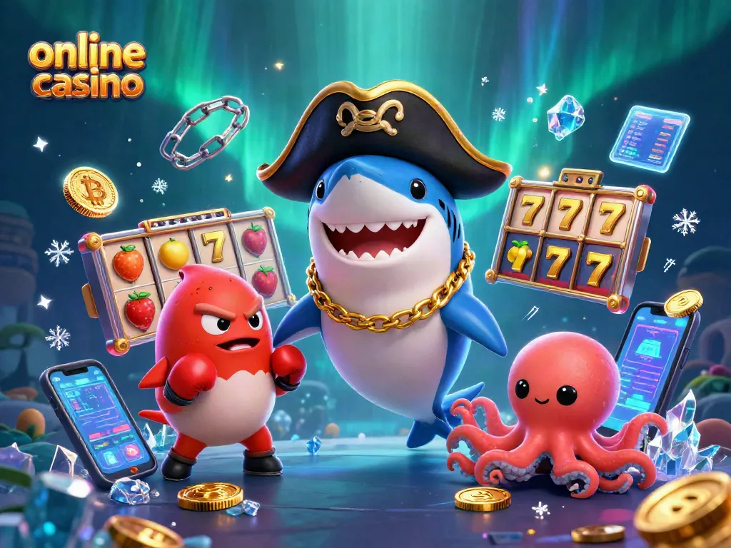 Juega en un emocionante casino online con una escena animada de un tiburón pirata, un pez globo y un pulpo, todos rodeados de símbolos de tragamonedas y monedas brillantes.