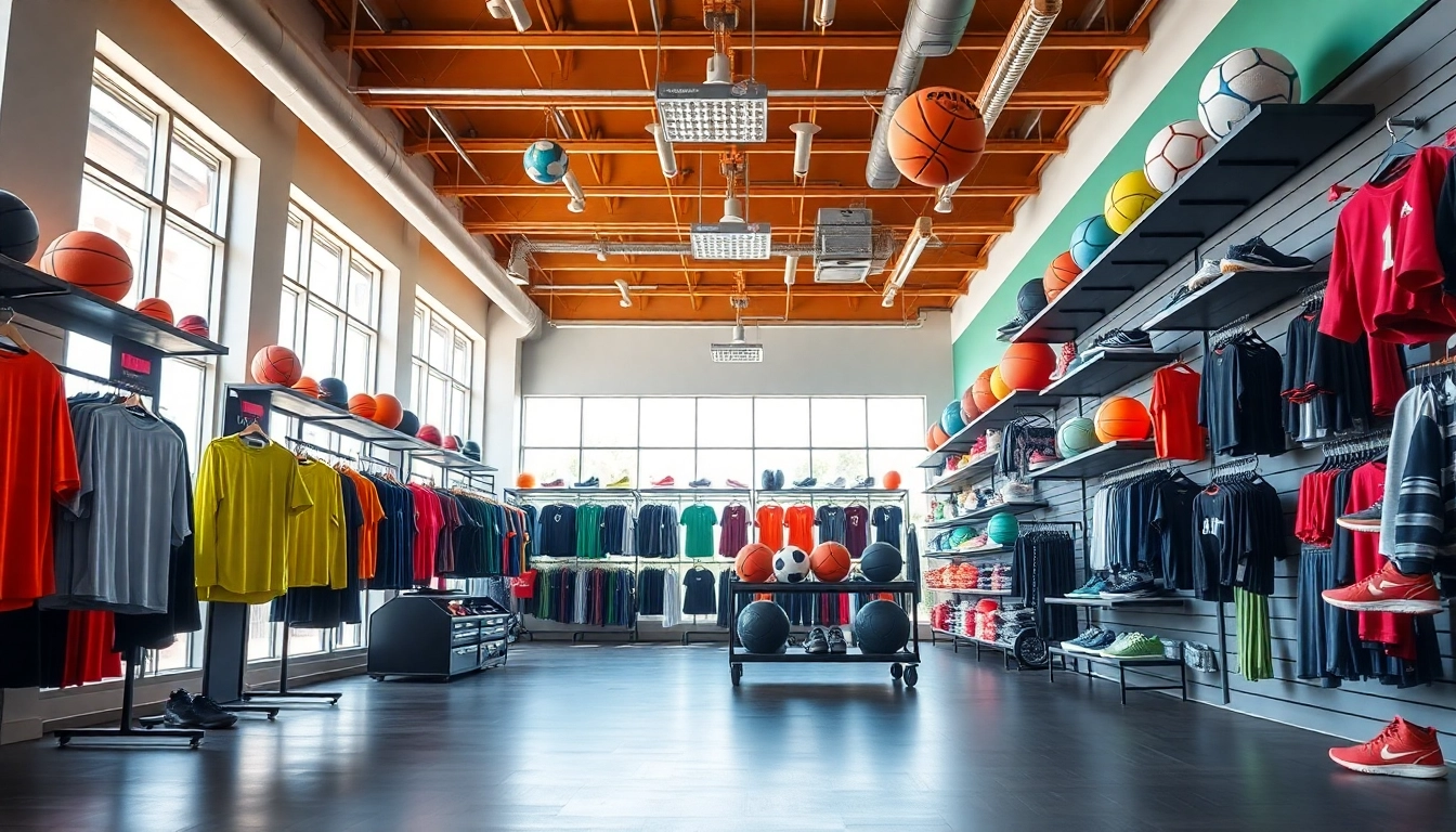 Visita a una tienda de deportes con una variedad de ropa y equipo deportivo.