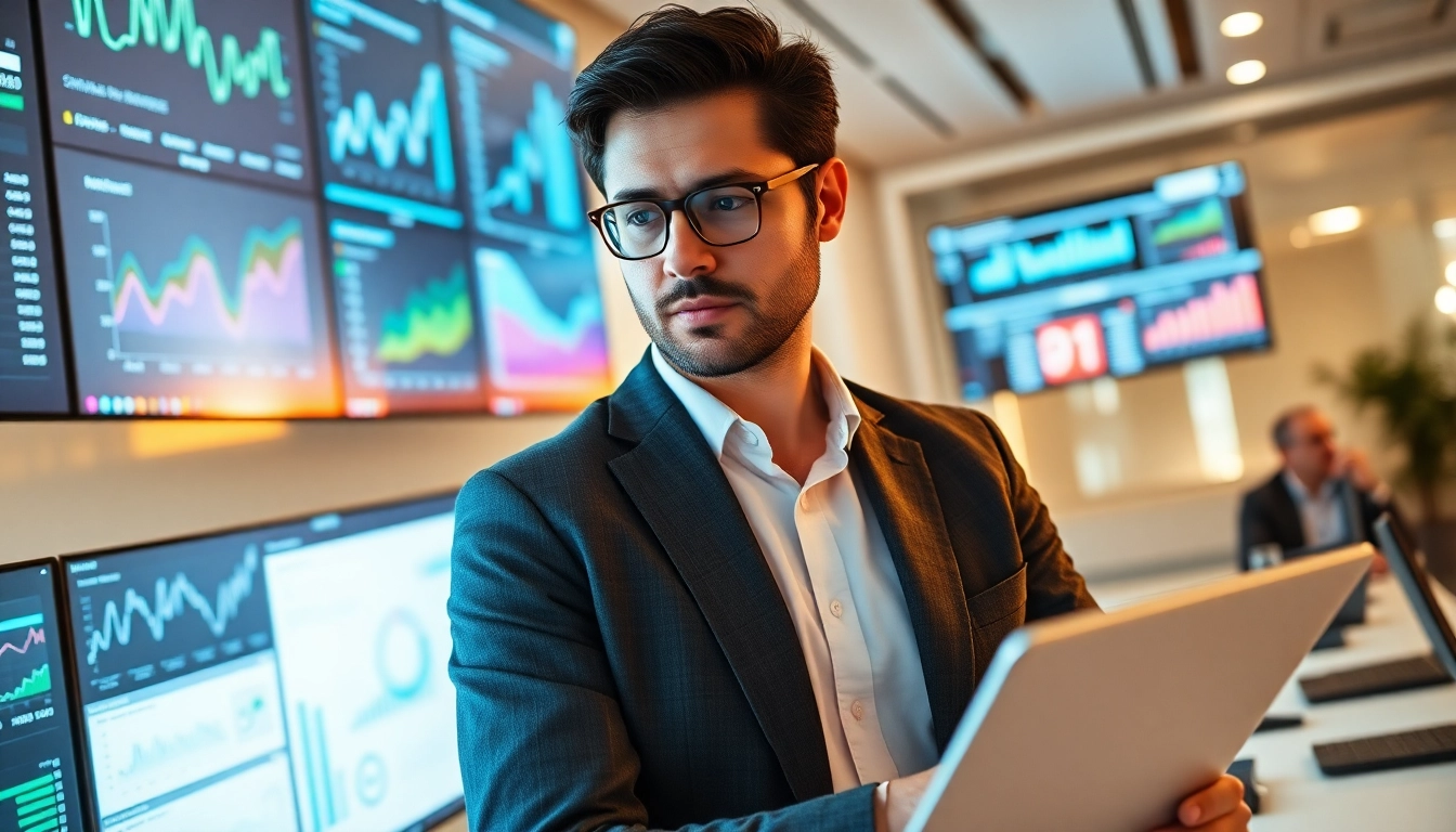 Data analyst leveraging AI for competitive intelligence analysis in a modern office setting.