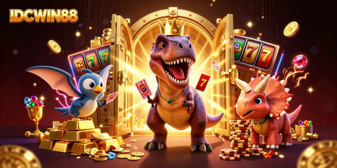Engage in thrilling games at IDCWIN88, featuring vibrant cartoon characters amidst luxurious casino elements.