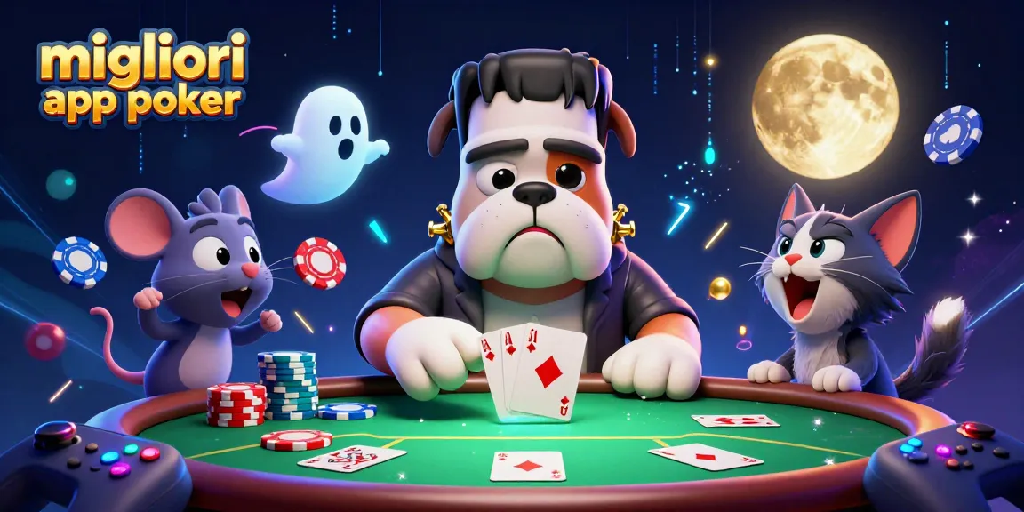 Migliori app poker: tavolo di poker animato con personaggi stravaganti e fiches colorate.