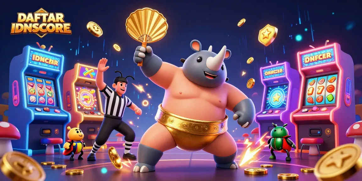 Engage with DAFTAR IDNSCORE's lively gaming scene featuring beetle champions and vibrant slot machines.