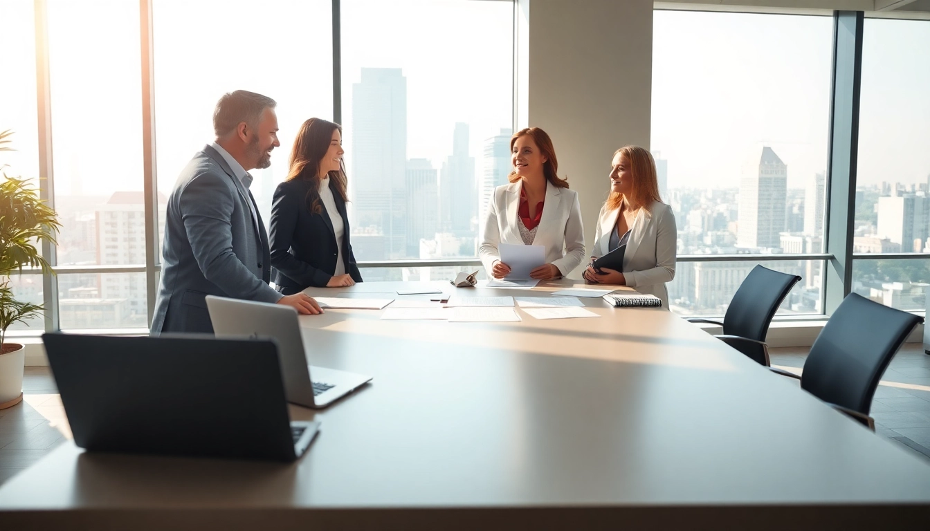 Engaging real estate agent assisting clients in a bright office setting.