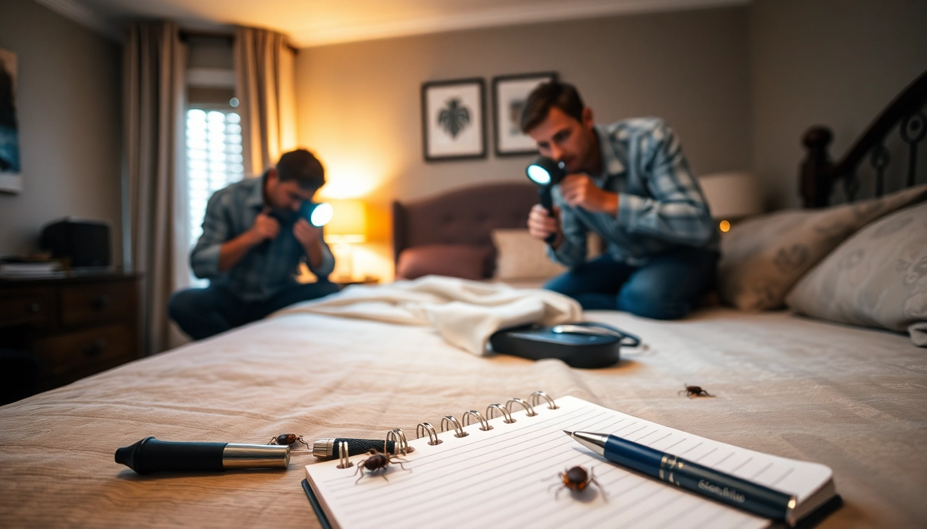 Bed bug exterminators conducting an inspection with specialized tools in a residential bedroom.