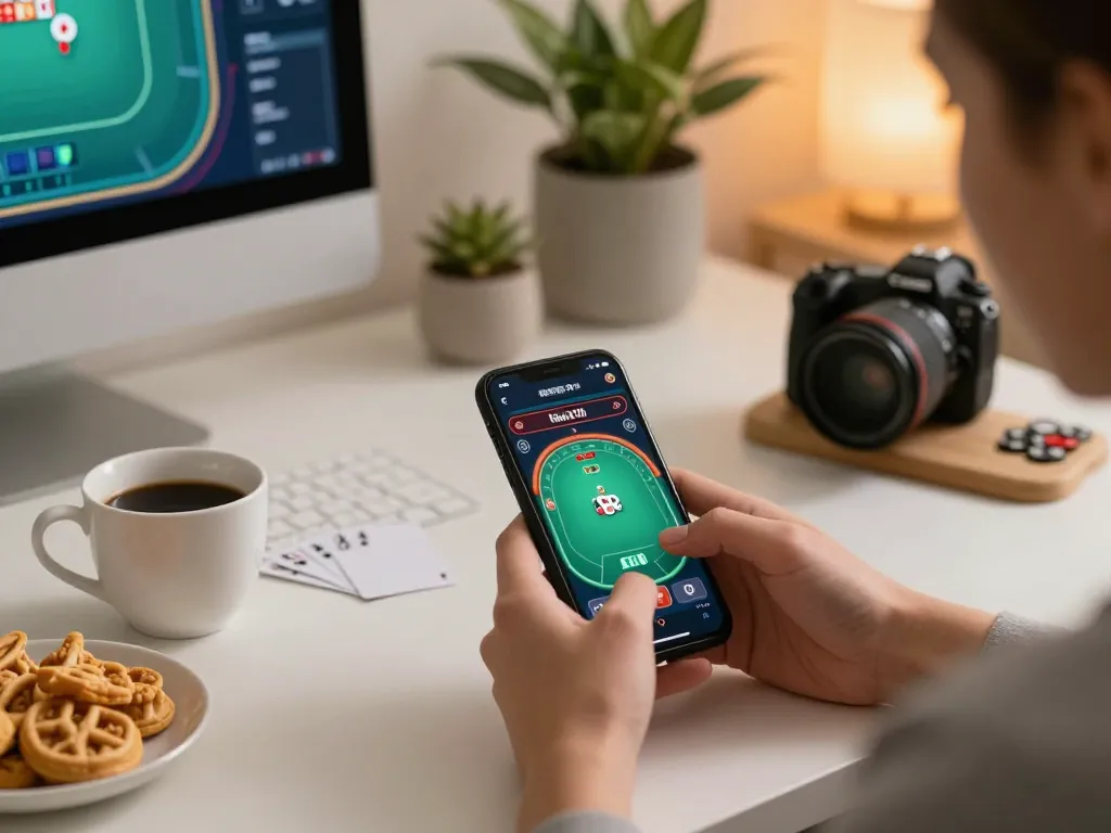 Mobile user strategizing in rr88c casino app during a poker game at home.