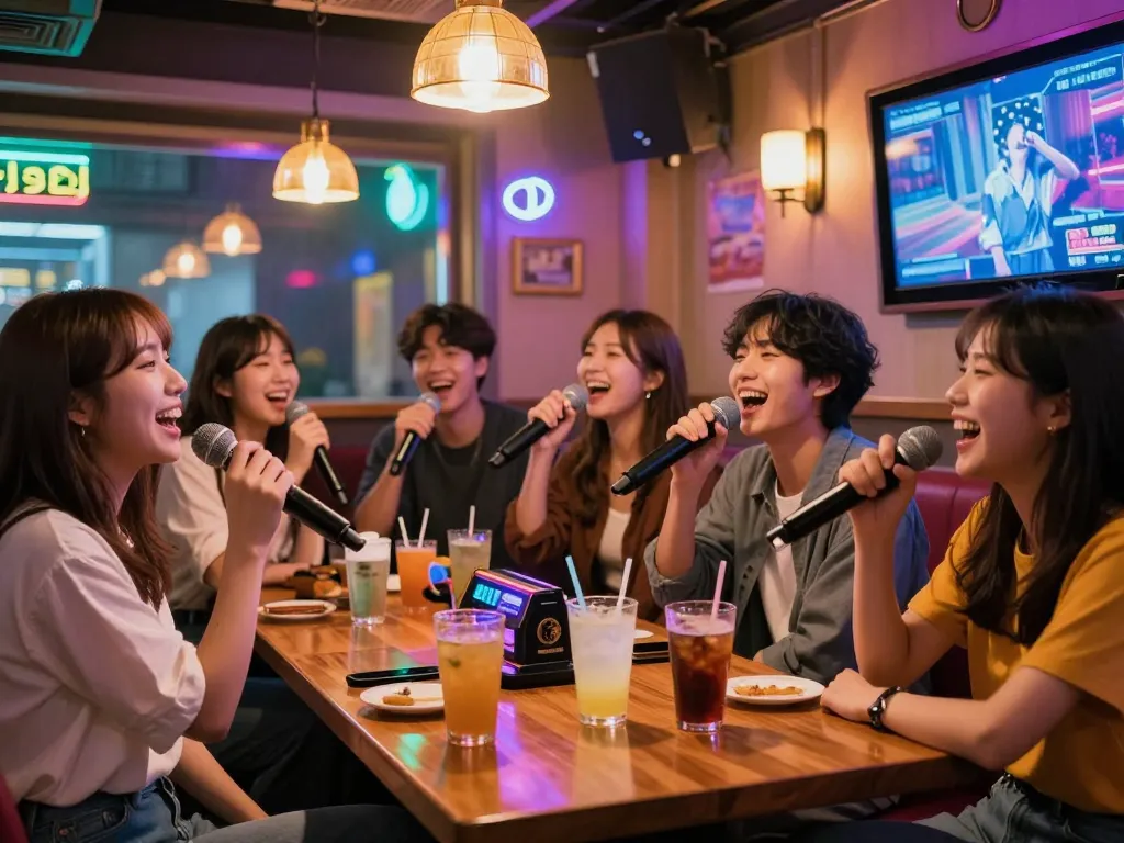 Dynamic nightlife at https://www.magic4karaoke.com/ showing friends enjoying karaoke and vibrant entertainment in Jeju.
