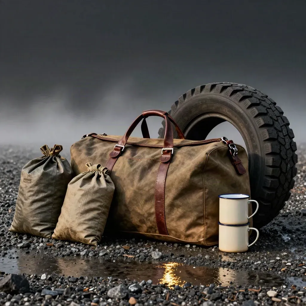Expedition duffel, fuel canister, dry bags, and camp mug stacked beside a van tire on wet gravel.