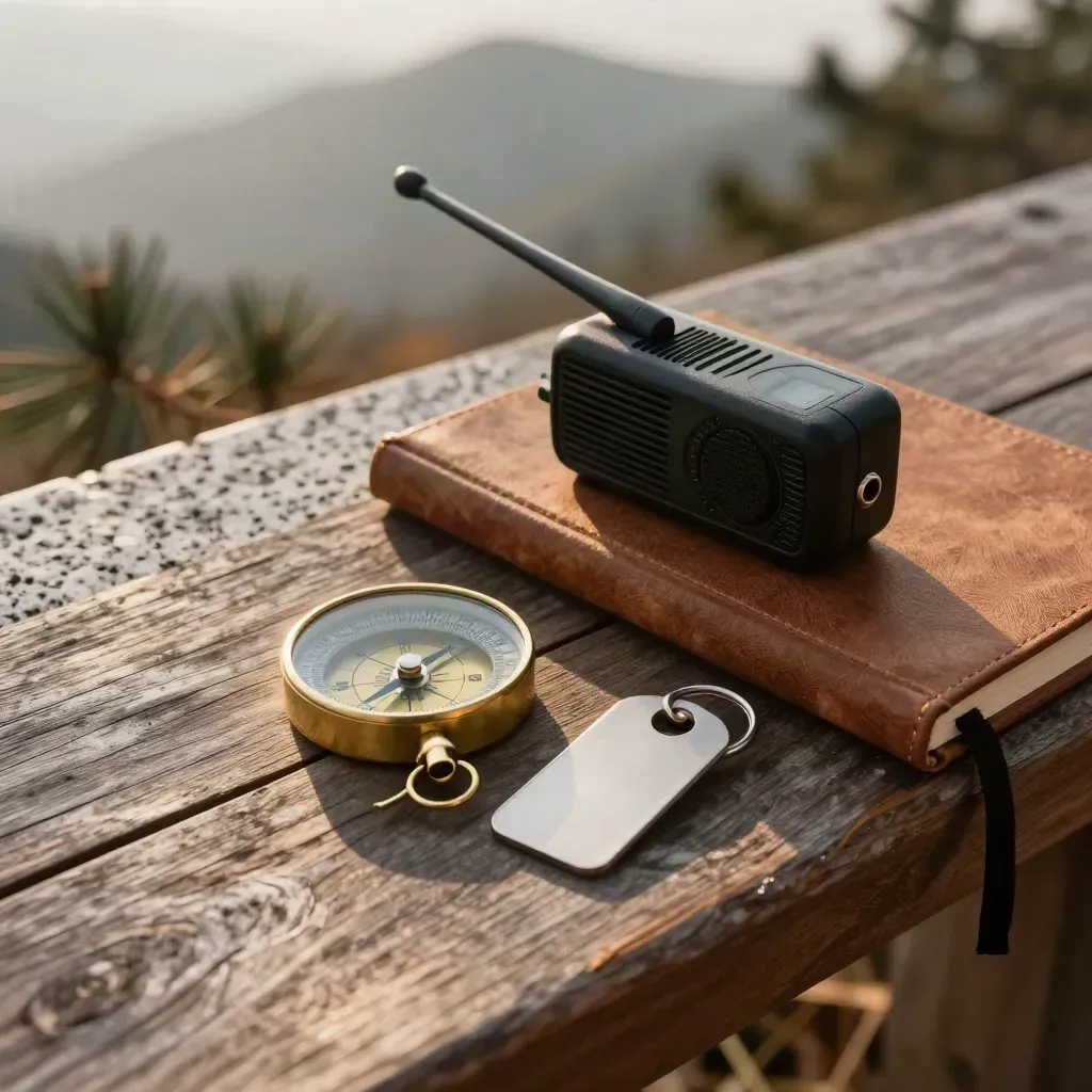 Compass, closed route notebook, weather radio and key tag on a cedar bench in dawn mountain haze.