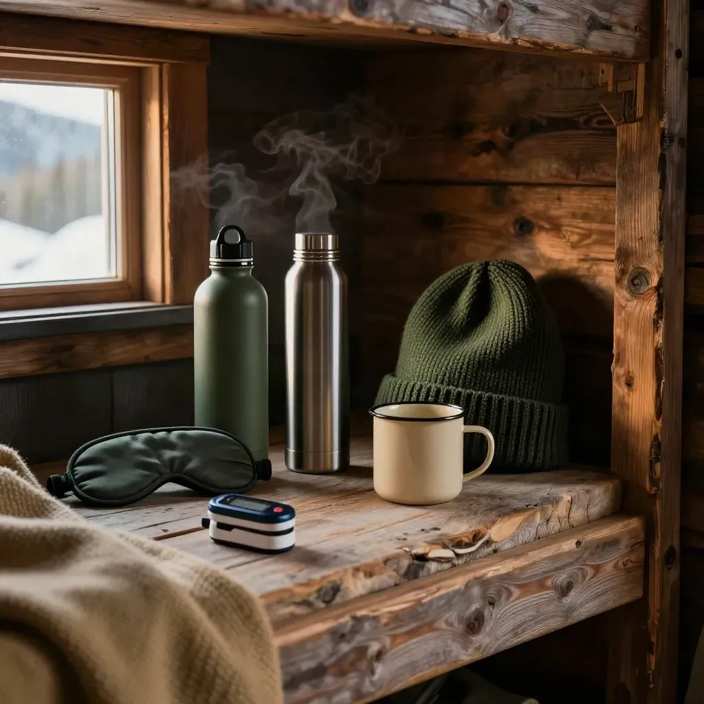 Cabin nook with hydration gear, beanie, sleep mask, and steam beside a fading window.