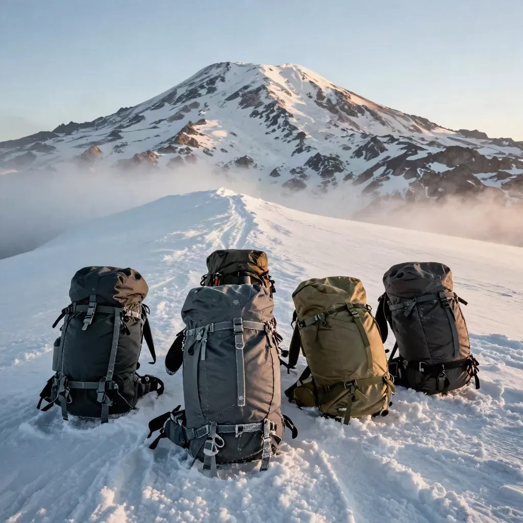 Mount Hood crater rim with four summit packs and a snow track under dramatic morning light.