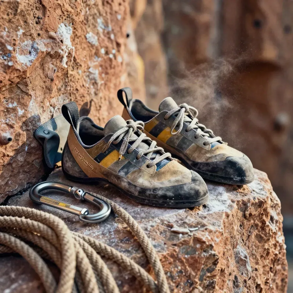 Climbing shoes, rope, belay device and carabiner on a rock slab with chalk dust