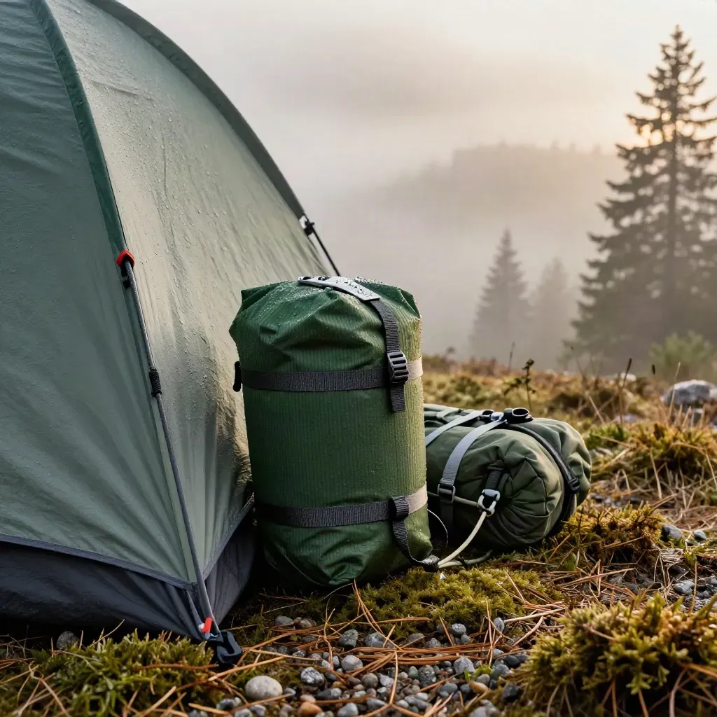 Rain-beaded Cascade basecamp gear: two tents, bear canister, and dry line in misty firs