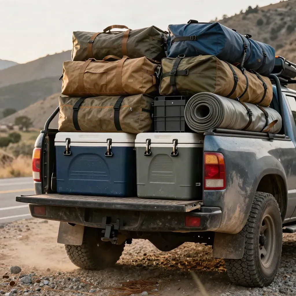 Loaded truck bed at a trailhead with coolers, duffels, tent bags and fuel crates in warm dust.