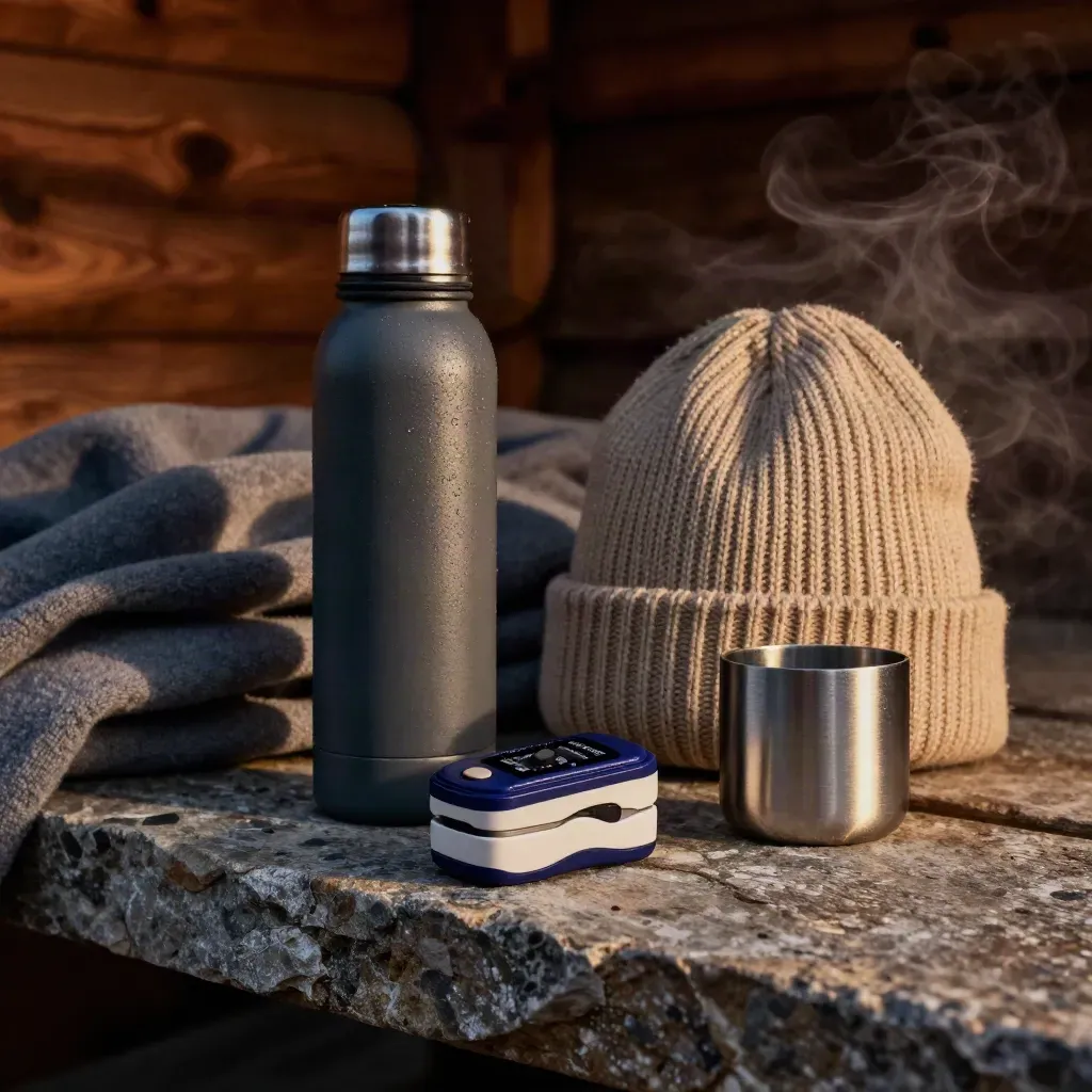 Altitude prep gear on a stone ledge in a dim cabin, with steam rising before dawn.
