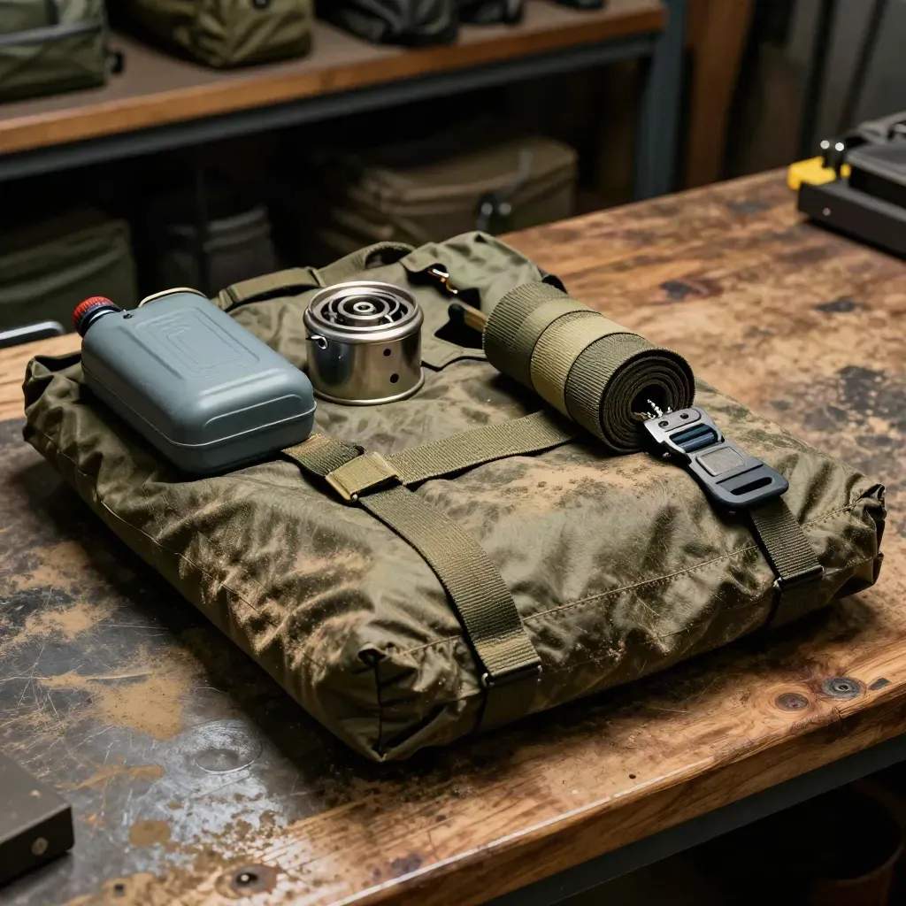 Nested dry bags, stove, fuel canister and cargo strap on a workshop bench lit by raking light