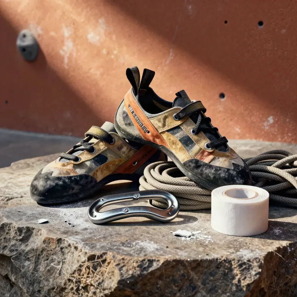 Climbing shoes, belay device, rope and tape on a stone slab at a wall base