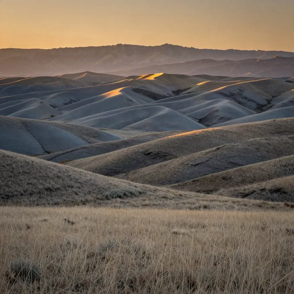 Colorado Front Range foothills glowing at dusk above calm plains haze.