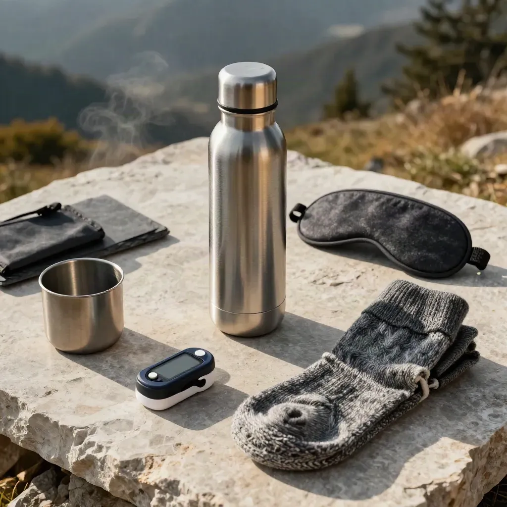 Overhead flatlay of bottle, thermos, sleep mask, wool socks and oximeter on limestone with steam