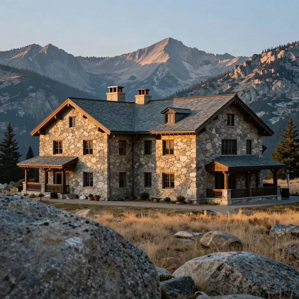 Historic stone lodge above Sierra Nevada granite basins in blue-hour haze