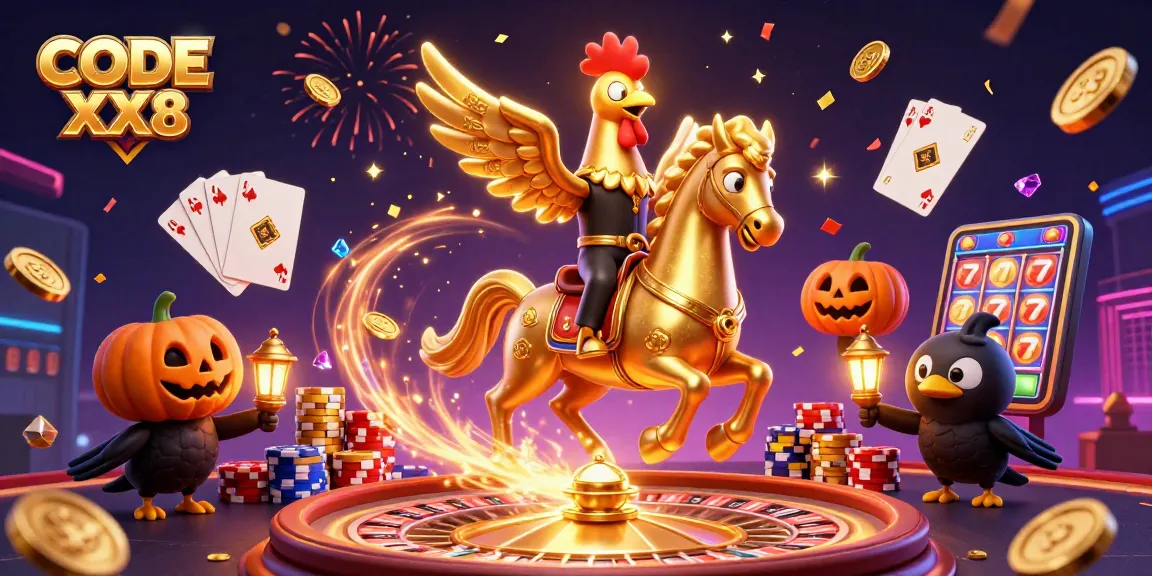 Experience the thrill of CODE XX8 with a whimsical illustration of casino adventures.