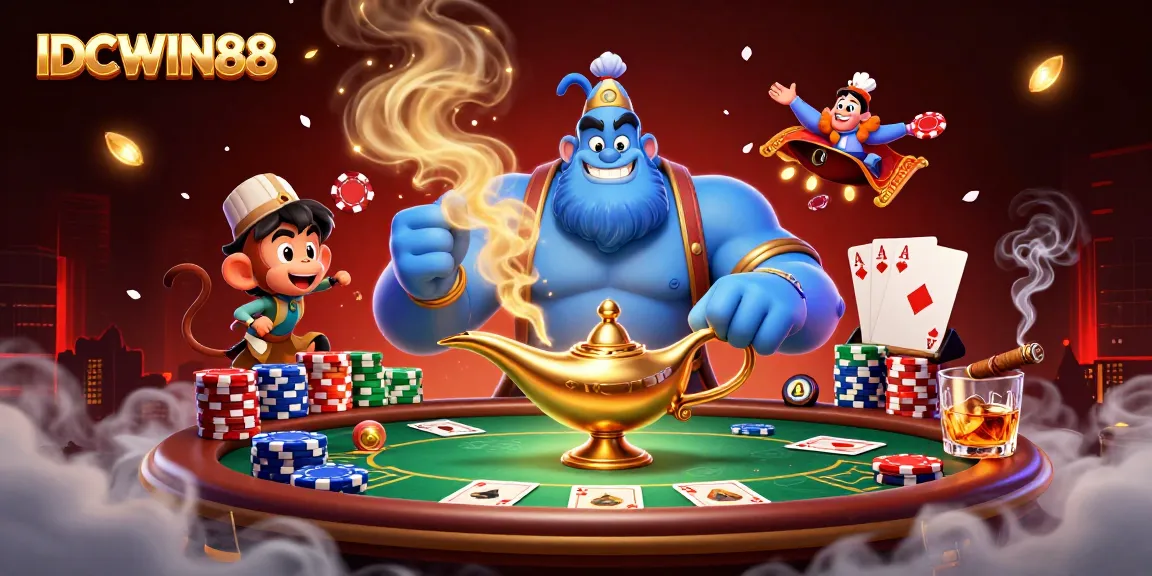 Experience thrilling gameplay with IDCWIN88, illustrated with a vibrant casino scene filled with poker chips and card games.