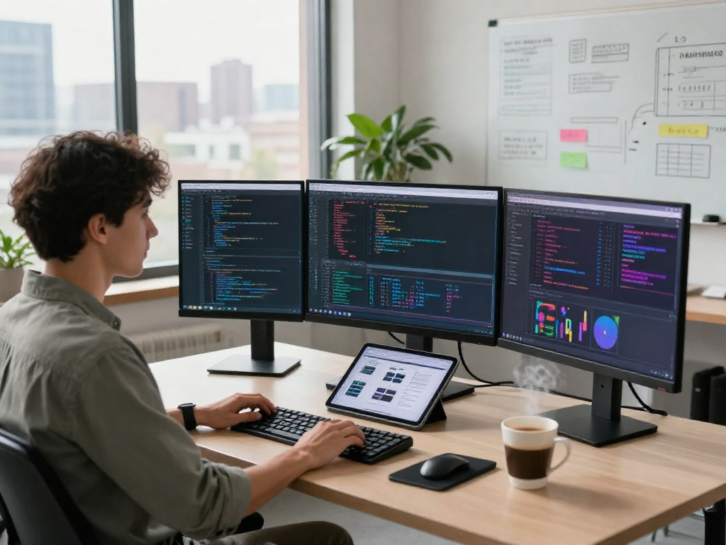 Young developer coding with crushonai technology in modern workspace, showcasing innovation and collaboration.