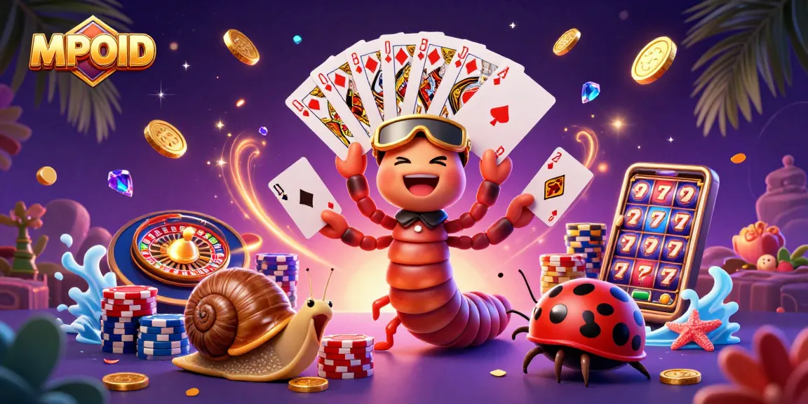 MPOID game scene showcasing a millipede dealer, snail high-roller, and pill bug with vibrant casino elements