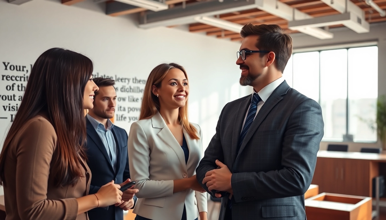 Recruiter engaging with candidates in a modern office setting.