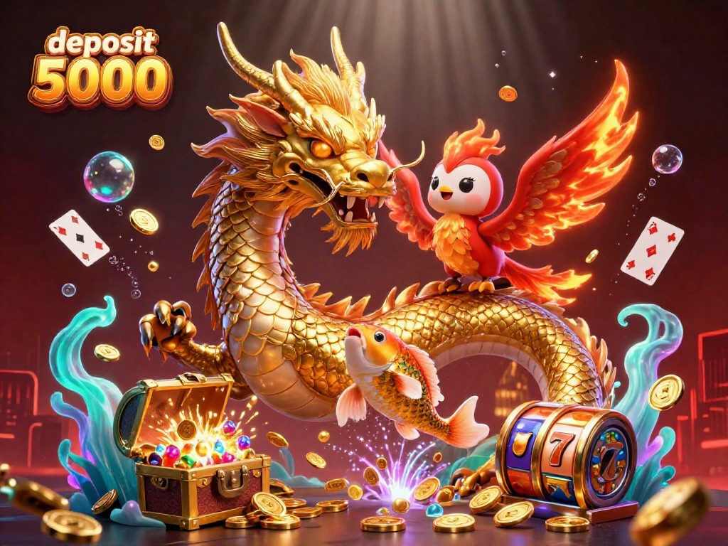 Experience deposit 5000 in gambling with a fierce dragon and lucky phoenix amidst vibrant slot reels.