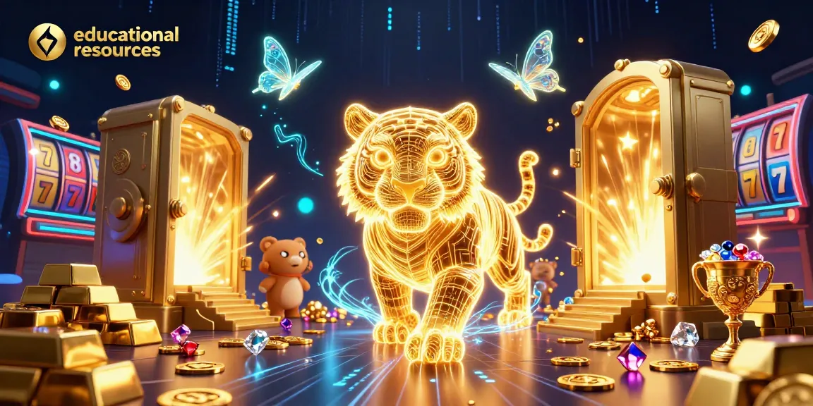 Experience thrilling educational resources in a dynamic casino scene with golden treasures and slot reels.
