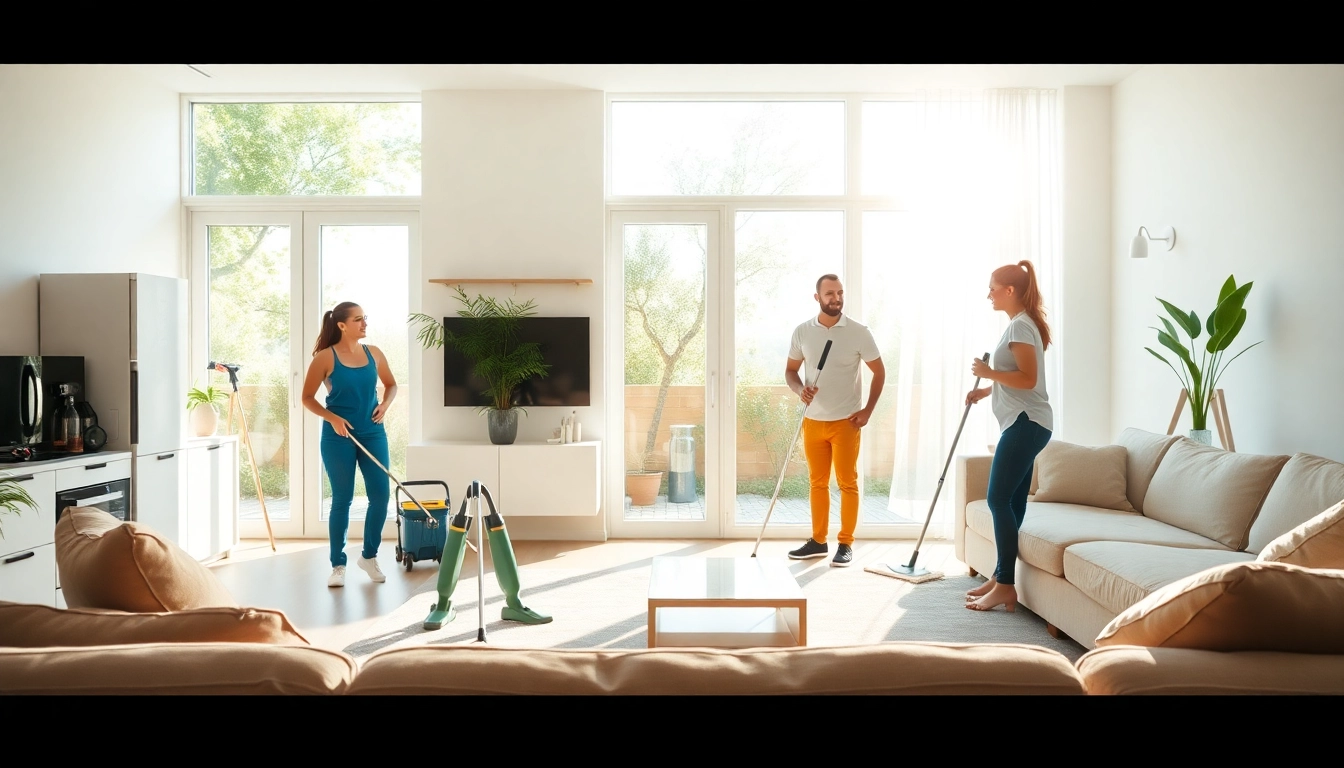 Engaging visual of cleaning services near me showcasing a professional team in a bright, organized living room.
