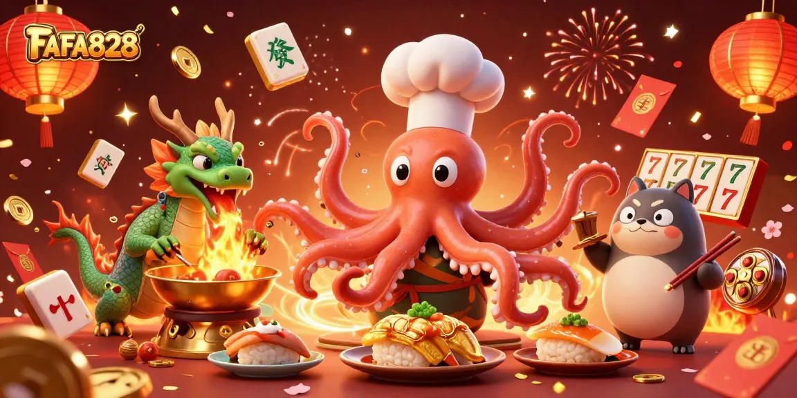 Engage in thrilling gameplay with FAFA828's vibrant casino scene featuring a cartoon sushi chef octopus, dragon, and tanuki.