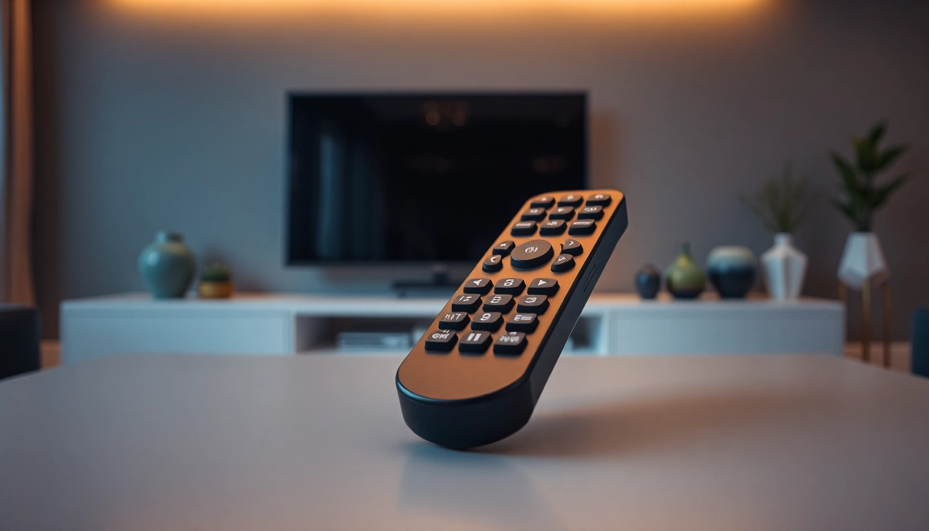 Die Telefunken Fernbedienung D32 in stylischer Umgebung auf einem modernen Fernseher.