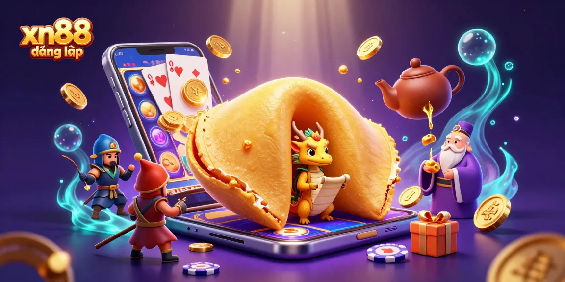 Experience xn88 đăng nhập with a vibrant 3D casino illustration featuring a fortune cookie and dynamic game elements.