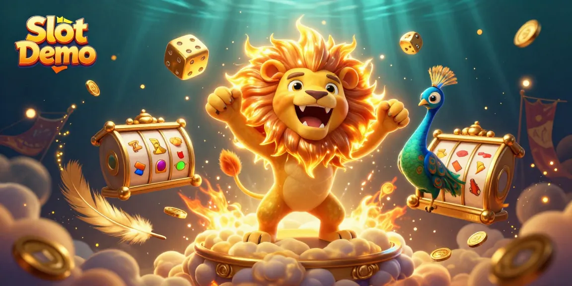 Engage in Slot Demo action with a dazzling cartoon lion and gold items encircling vibrant slot reels.