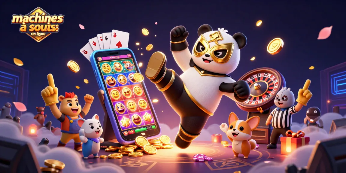 Découvrez les machines à sous en ligne dans une illustration vivante avec un panda lutteur en action.