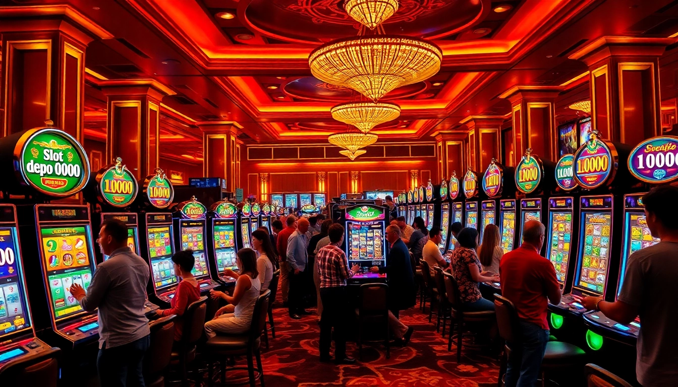 Players enjoying various slot machines at a luxurious casino featuring slot depo 1000.