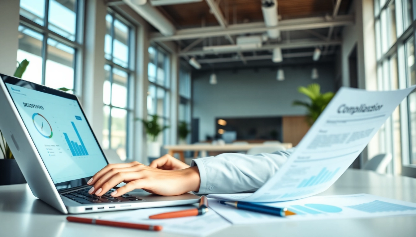 Consultant analyzing grants and pre-post award compliance documents in a bright office.
