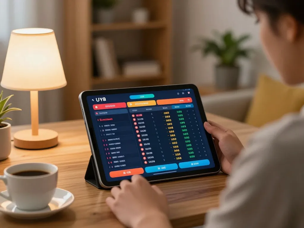 Person analyzing lô đề betting options on tablet in cozy home setting, highlighting responsible gaming.
