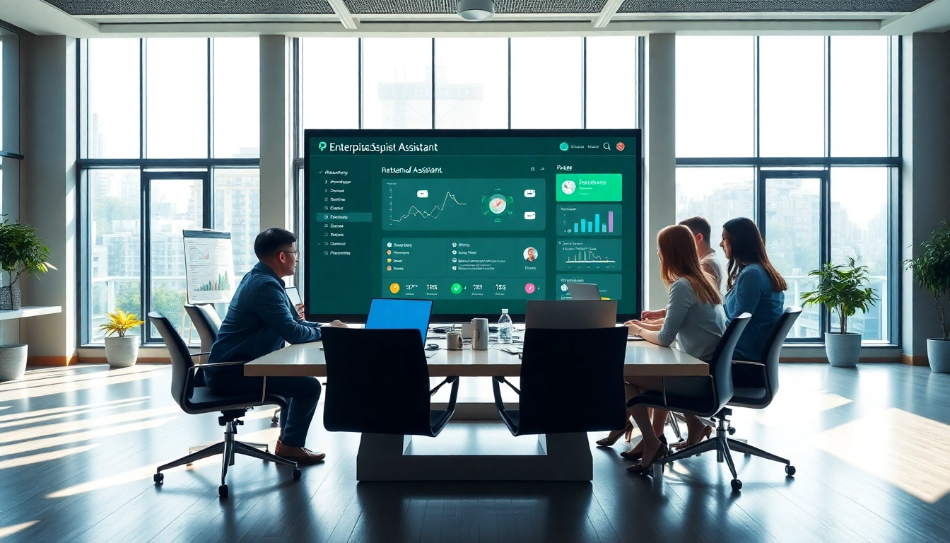 Showcase of enterprise assistant software being utilized in a professional workspace with diverse team collaboration.
