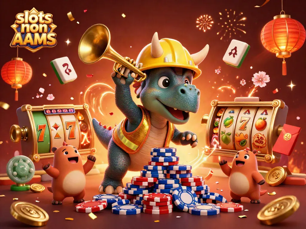 Gioca alle slots non AAMS e festeggia vincite con jackpot e simboli fortunati in un'illustrazione vivace.