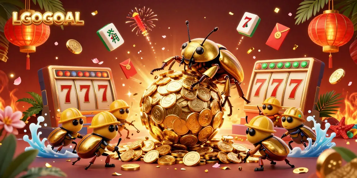 Win big with LGOGOAL as a golden dung beetle leads the jackpot chase amid vibrant casino elements.
