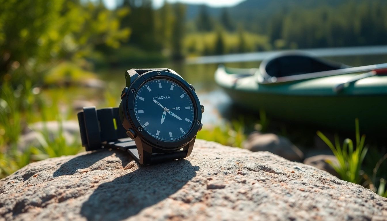 View of the Explorer Plus GPS Smart Watch on a stone slab in an outdoor setting, emphasizing its sleek design.
