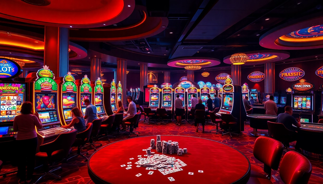 A thrilling slot machine scene highlighting agen toto slot games with excited players in a luxurious casino setting.
