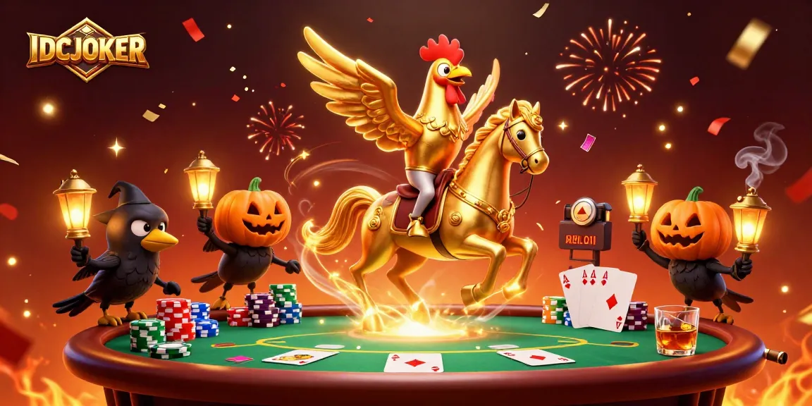 IDCJOKER players enjoying an exciting casino scene with golden rooster and poker elements.