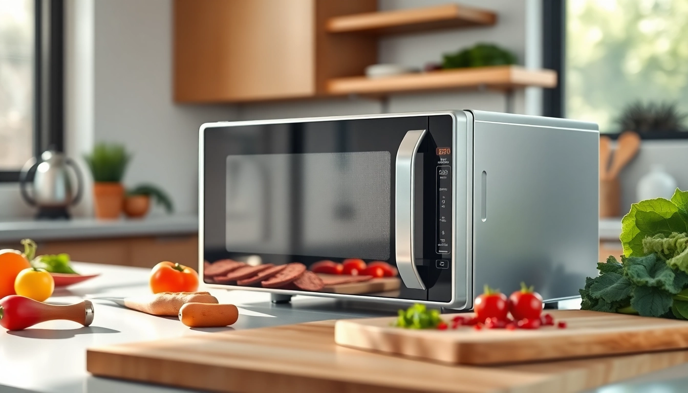 Efficient microwave oven kitchens with vibrant ingredients, showcasing modern cooking.