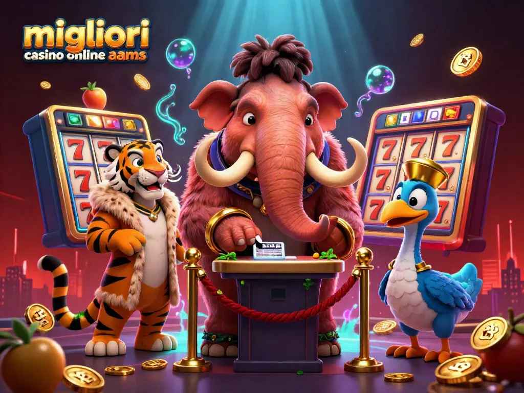 I migliori casino online AAMS offrono divertimento con un mammut e un ospite VIP in un'illustrazione ricca di dettagli.